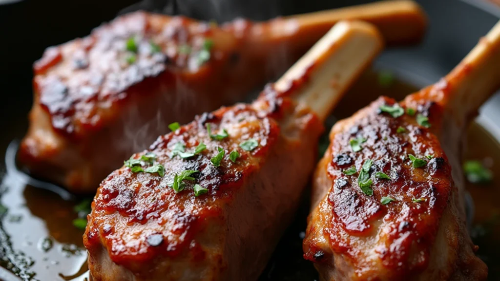 A close-up of lamb shanks being seared in a cast-iron skillet, golden-brown crust forming on the surface, sizzling oil, and a rich aroma filling the air, with herbs like rosemary and thyme in the background.