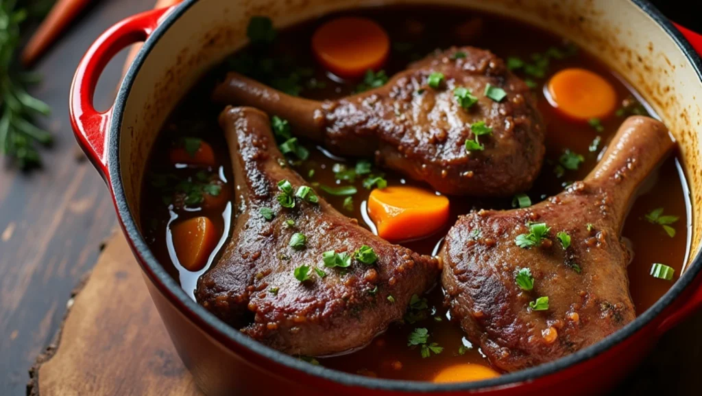 A Dutch oven filled with lamb shanks submerged in a rich, flavorful broth, carrots, and herbs floating, ready to be covered and slow-cooked, placed on a wooden countertop with rustic kitchen tools nearby.