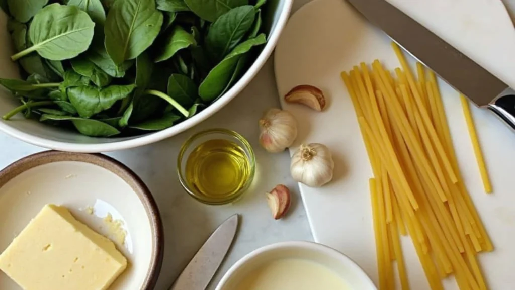 A collection of fresh ingredients on a kitchen countertop: fresh spinach leaves, garlic cloves, a block of Parmesan cheese, olive oil, pasta, and cream in a small pitcher. A chef's knife and chopping board are placed nearby with natural kitchen lighting.