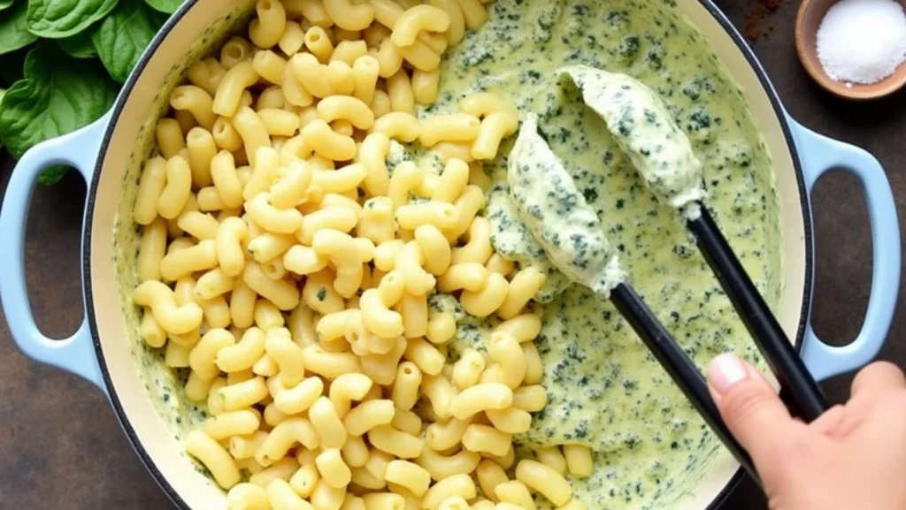 A large skillet with cooked pasta being mixed into the creamy spinach sauce. The skillet is surrounded by fresh spinach leaves, a jar of spices, and grated Parmesan, with a hand holding tongs mixing everything together.