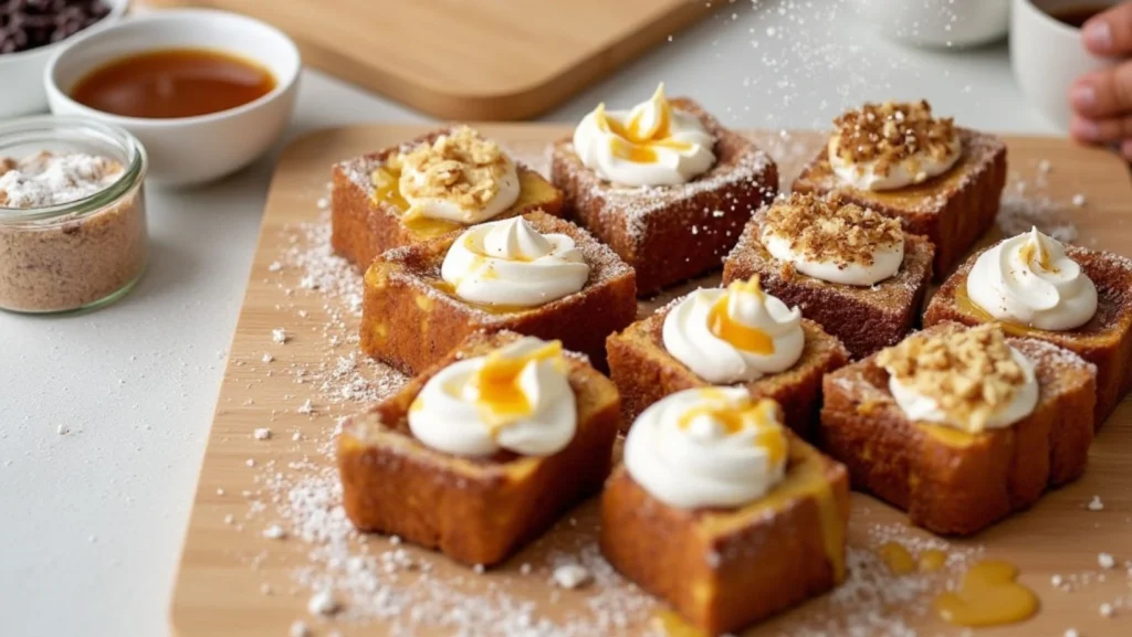 Toppings and Variations:
"A creative display of French Toast Bites topped with various toppings, such as whipped cream, caramel sauce, and crushed nuts, laid out on a table with syrup jars and a sprinkle of powdered sugar in action."