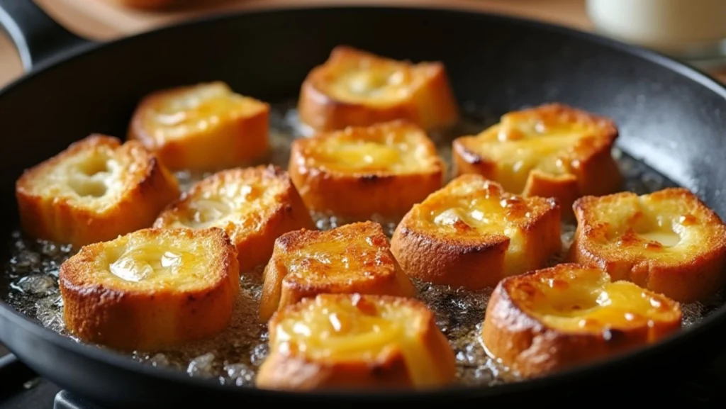 Cooking French Toast Bites:
"A close-up of bite-sized pieces of bread frying in a skillet, sizzling in melted butter. The bread is golden brown, with fluffy interiors, set against a well-lit kitchen backdrop with eggs and milk in the background."