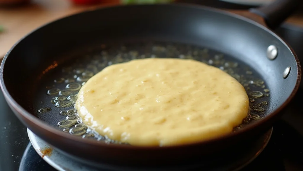 A sizzling non-stick skillet on a stovetop with a perfectly round hotcake being cooked. Bubbles are forming on the surface of the batter, indicating readiness for flipping. The background shows a cozy kitchen setting with utensils and ingredients.