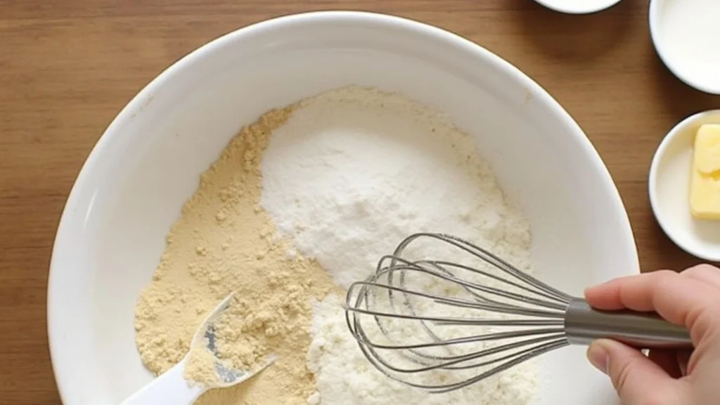 A close-up of a mixing bowl on a wooden countertop, showing flour, sugar, baking powder, and salt being whisked together. A hand holding a whisk is partially visible, with additional ingredients like milk, eggs, and butter placed nearby in small bowls.