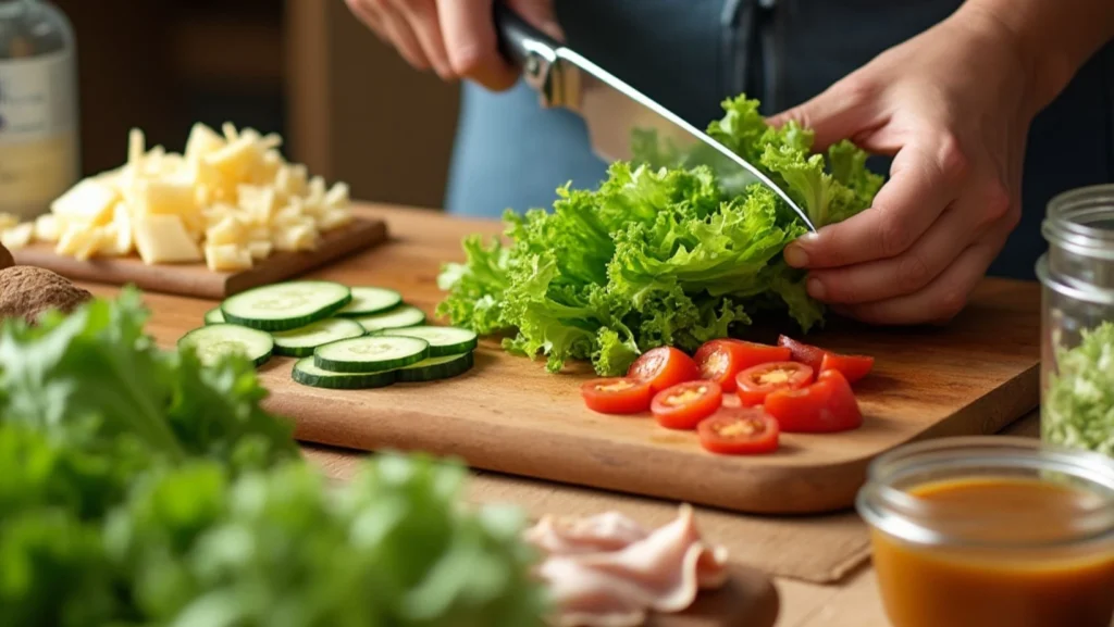 A close-up of a person chopping crisp lettuce, tomatoes, and cucumbers on a wooden cutting board with a sharp knife, surrounded by fresh ingredients like cheese, turkey slices, and condiments.