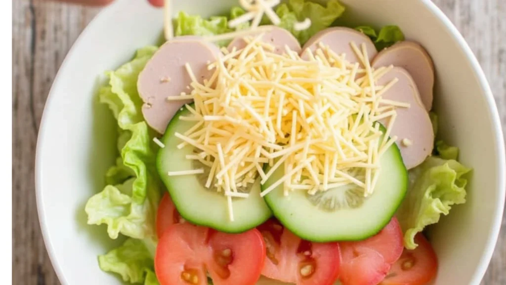 An overhead shot of a bowl as layers are being added: starting with lettuce at the bottom, followed by neatly placed turkey slices, cucumber, and tomato slices. Shredded cheese is being sprinkled on top.